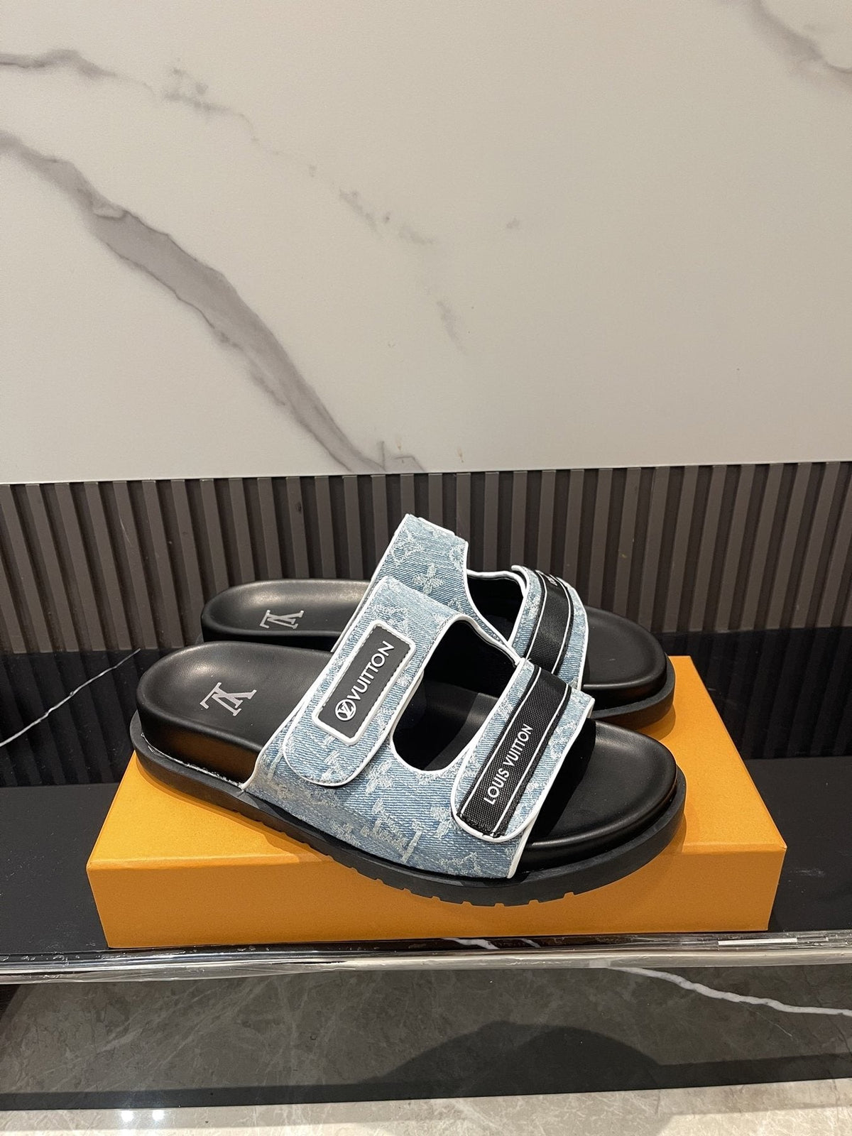 Louis Vuitton Light Blue-Gray Double-Strap Slide Sandals — side