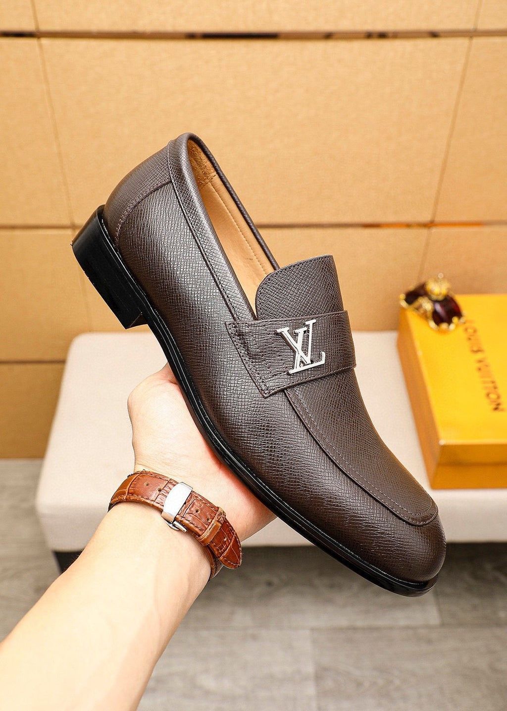 Louis Vuitton Dark Brown Textured Loafers — model