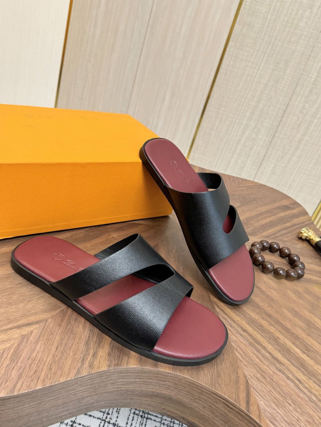 Loro Piana Black and Burgundy Slide Sandals — front