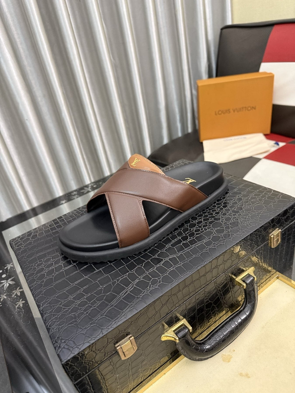 Louis Vuitton Black Crossover Slide Sandals — front