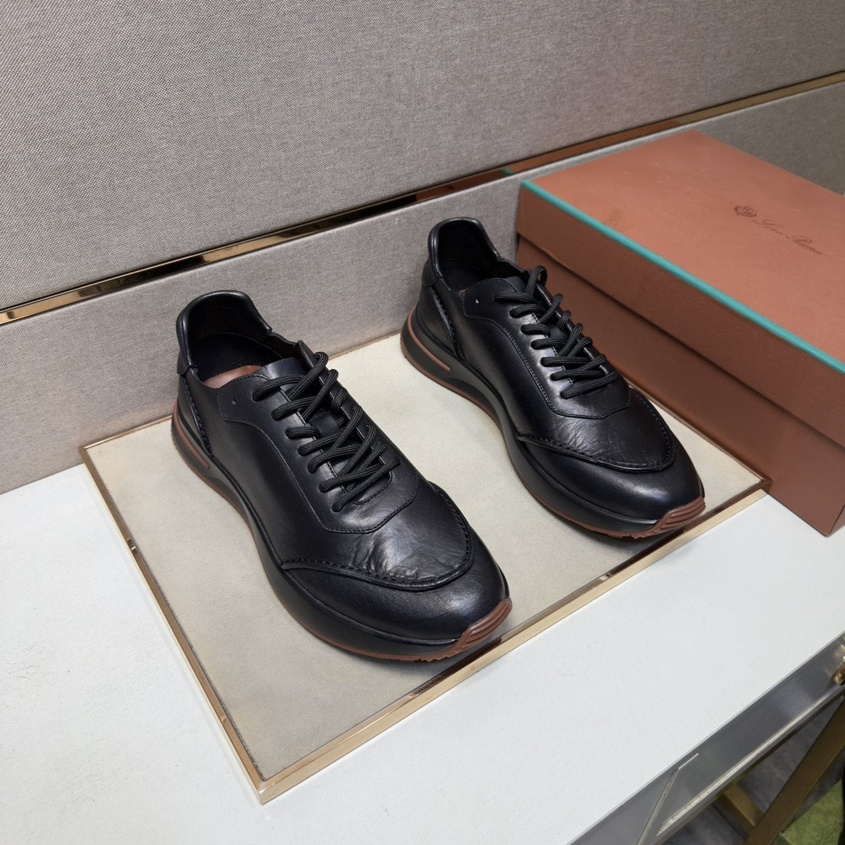 Loro Piana Black Leather Casual Sneakers — front
