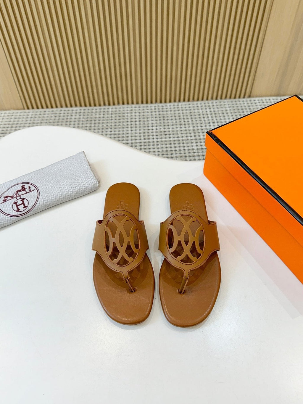 Hermès Tan Brown Cutout Thong Sandals — front