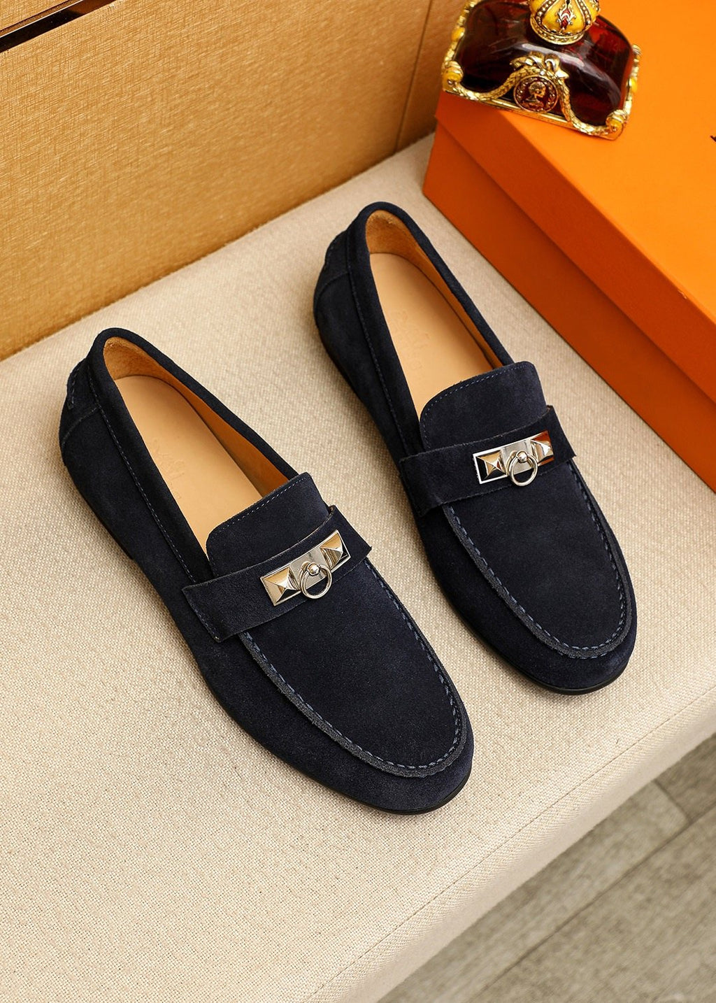 Hermès Suede-Finish Buckle Loafers — front