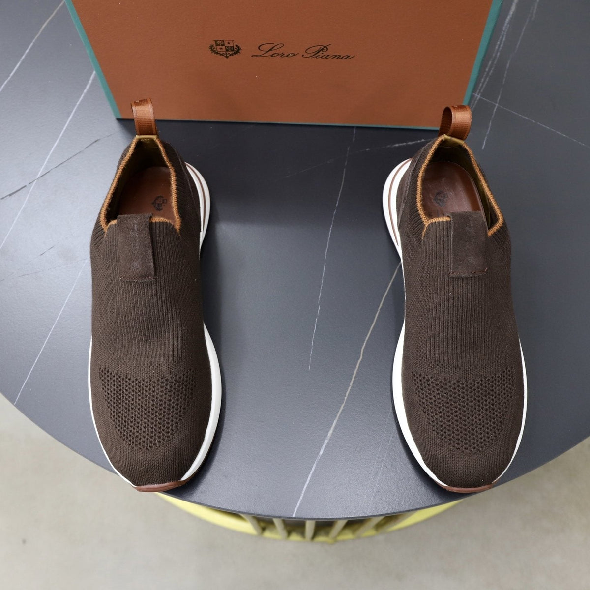 Loro Piana Charcoal Knit Slip-On Sneakers — front
