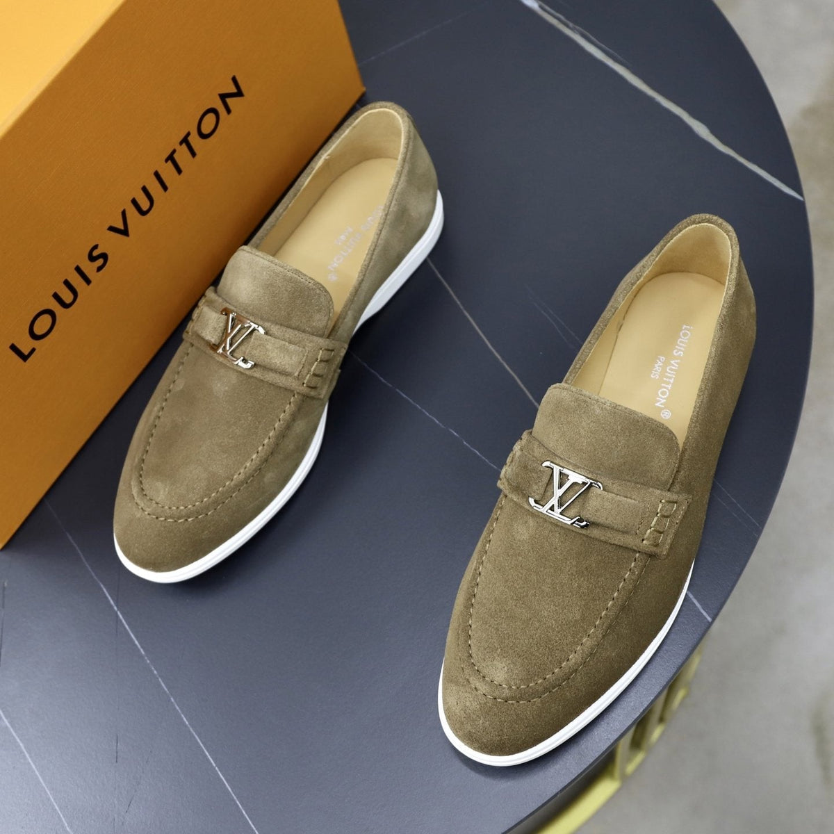Louis Vuitton Suede-Like Metal Hardware Loafers — front