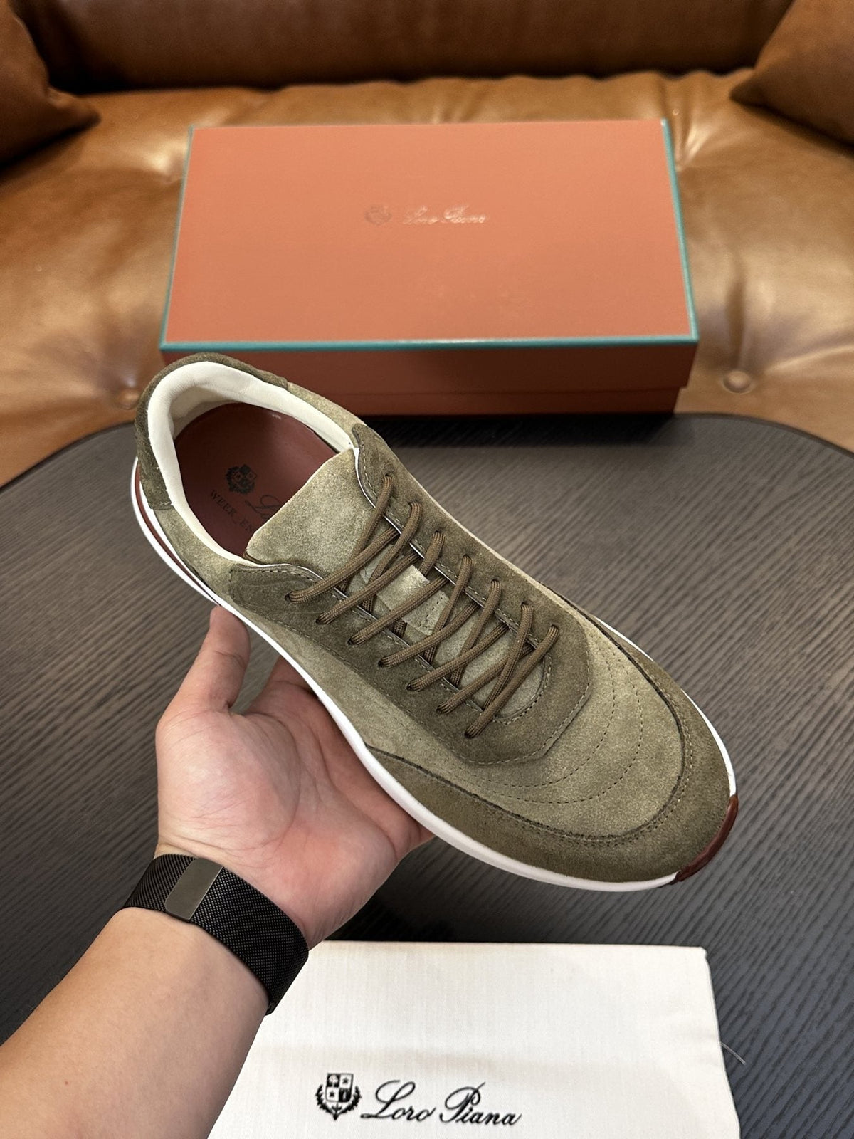 Loro Piana Gray and Charcoal Low-Top Sneakers — front
