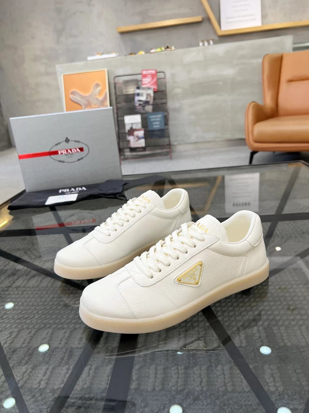 Prada Gold Accent Low-Top Sneakers — front