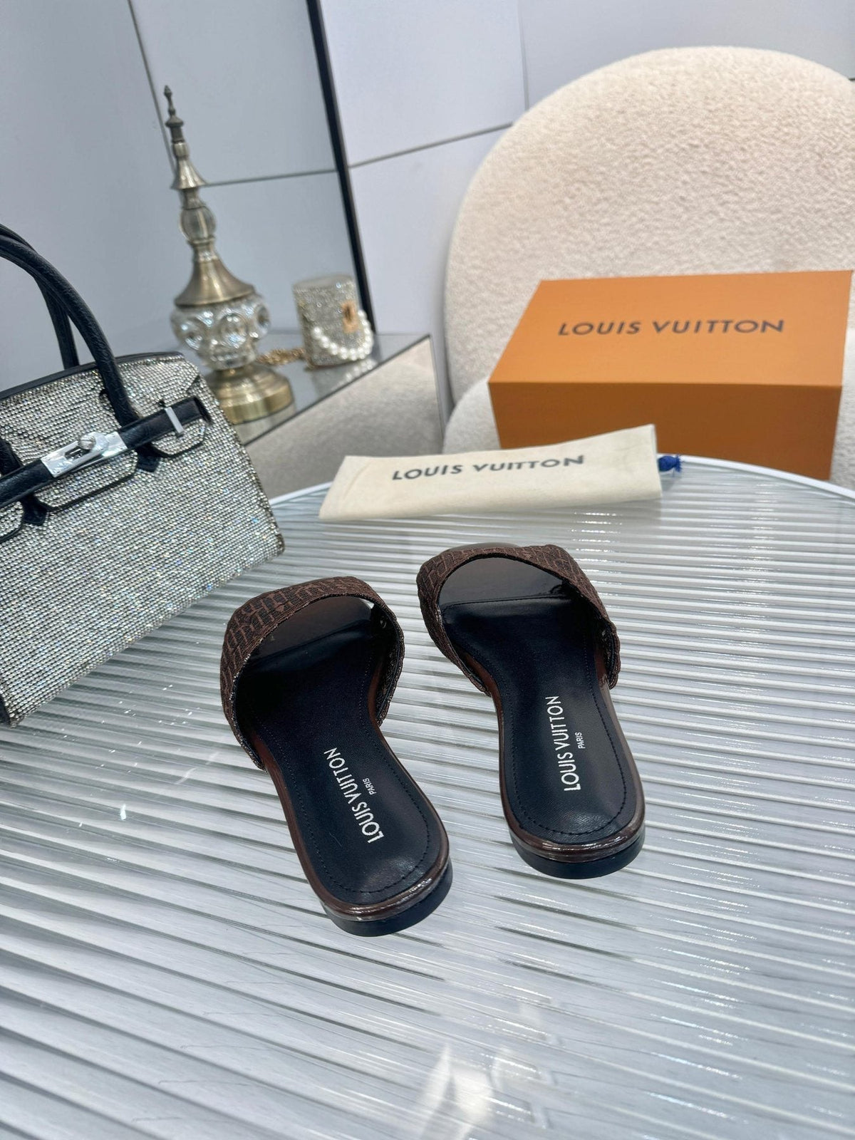Louis Vuitton Woven Open-Toe Slide Sandals — front