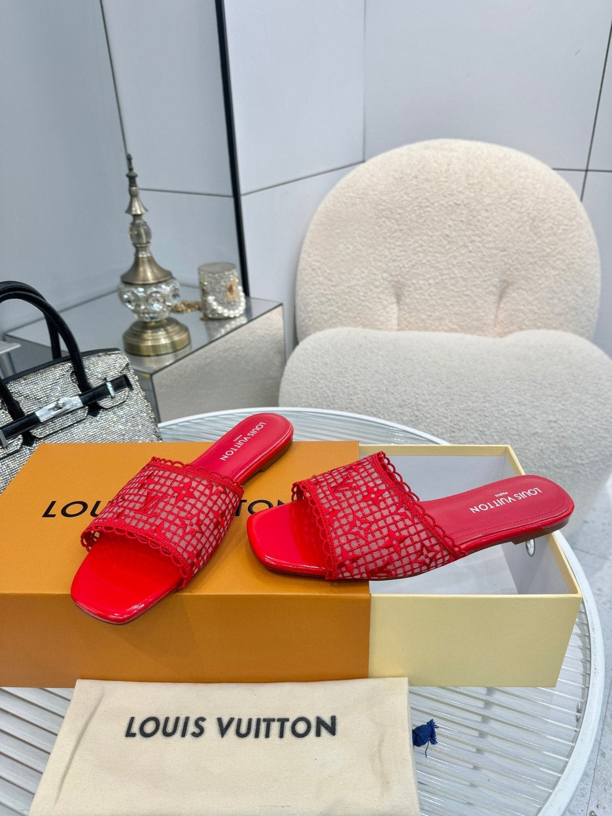 Louis Vuitton Woven Open-Toe Slide Sandals — front